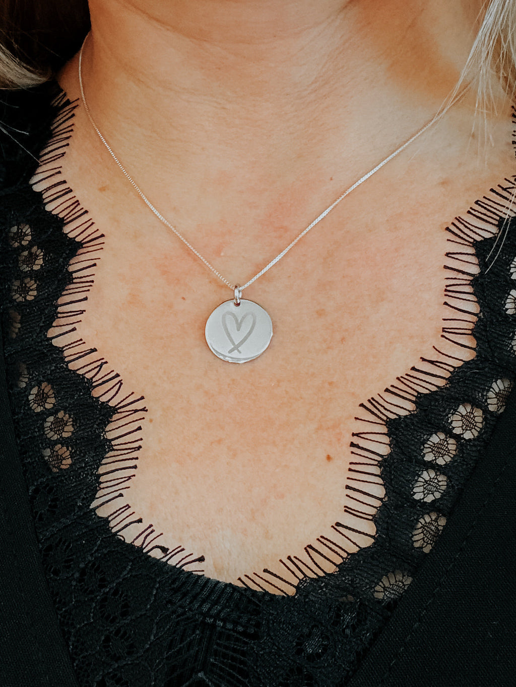 **Sterling Silver ** Disc Pendant Necklace - Engraved Heart
