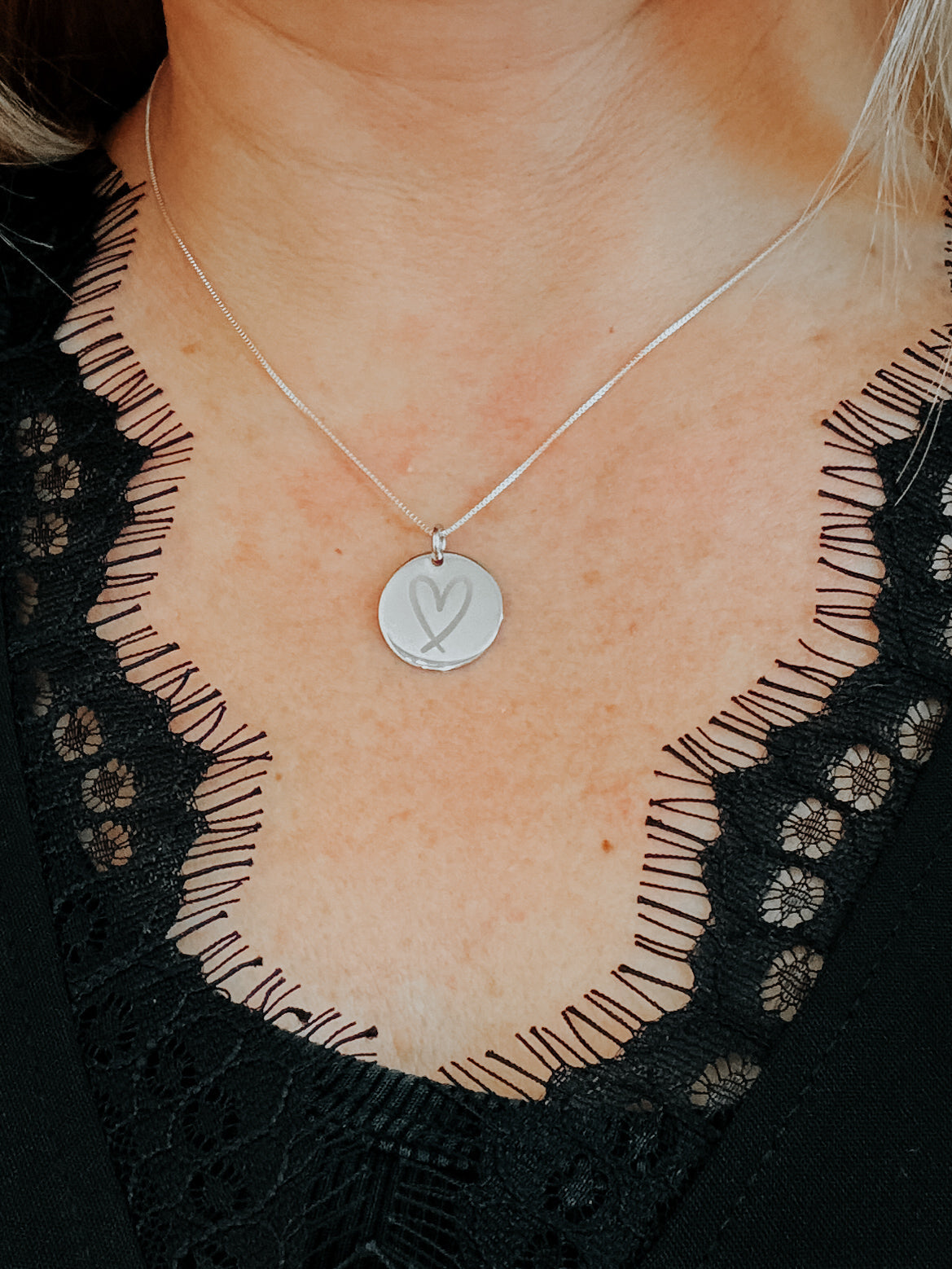 **Sterling Silver ** Disc Pendant Necklace - Engraved Heart