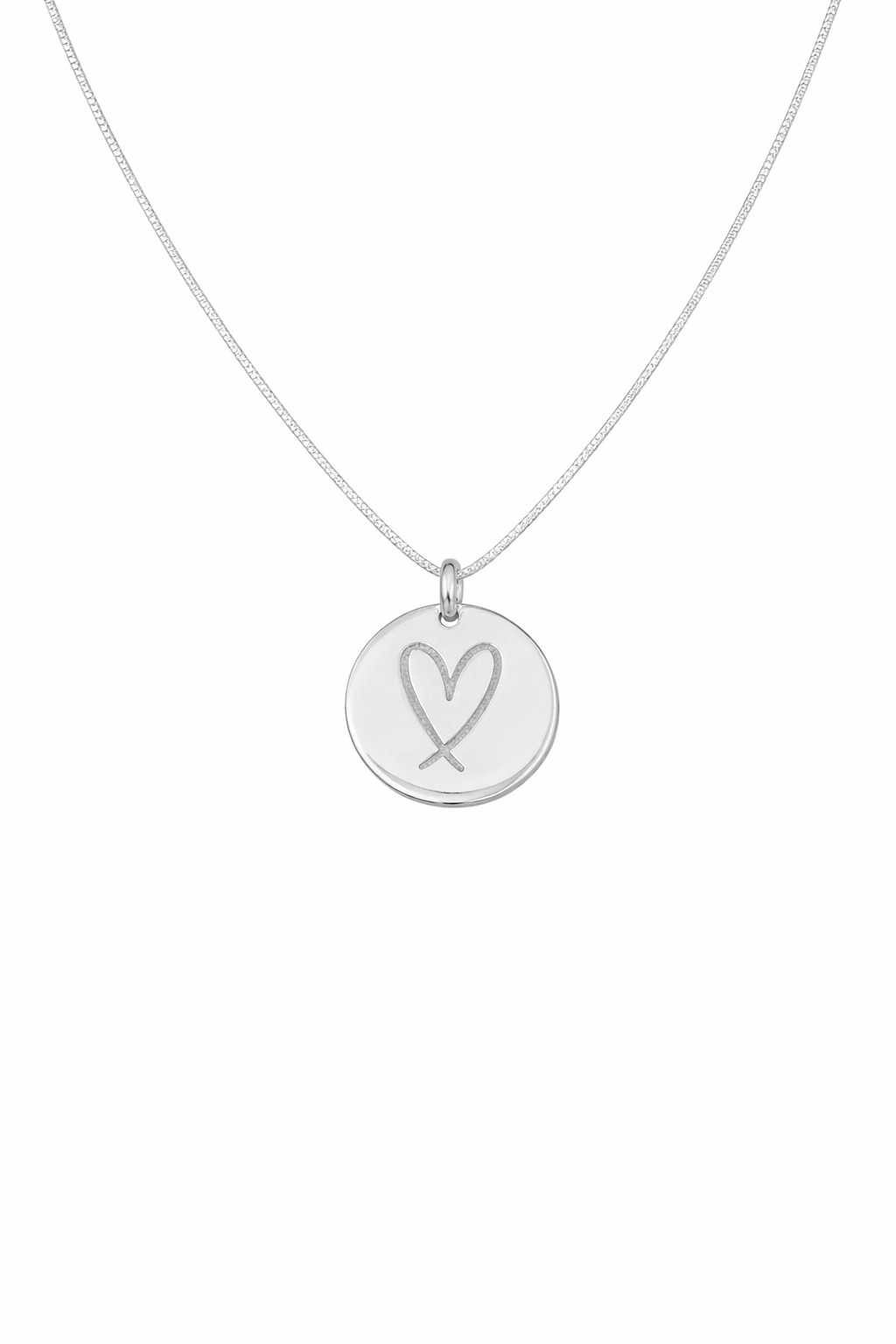 **Sterling Silver ** Disc Pendant Necklace - Engraved Heart